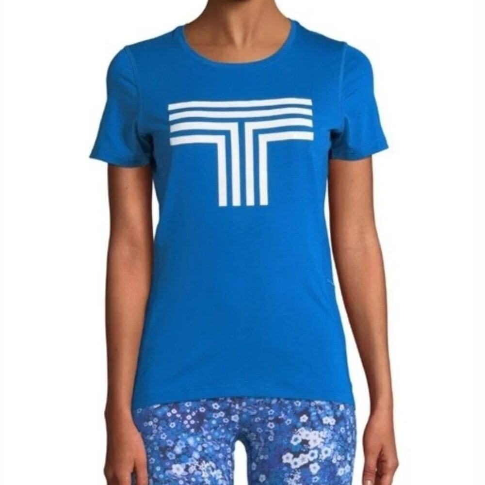 Tory Burch Sport Logo Graphic Mesh T-Shirt Womens S Blue Athletic Gym Workout